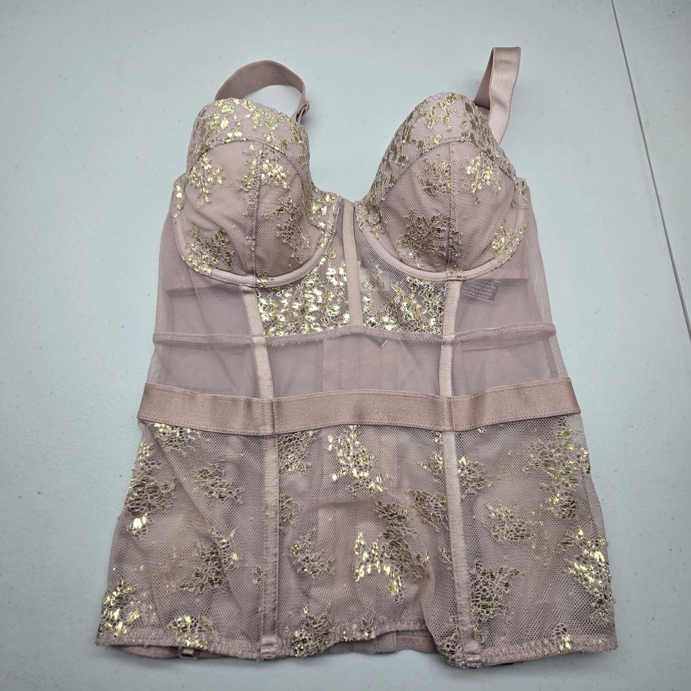 Victoria's Secret Women Bustier 34C Pink Floral Gold Corset Underwired Lace